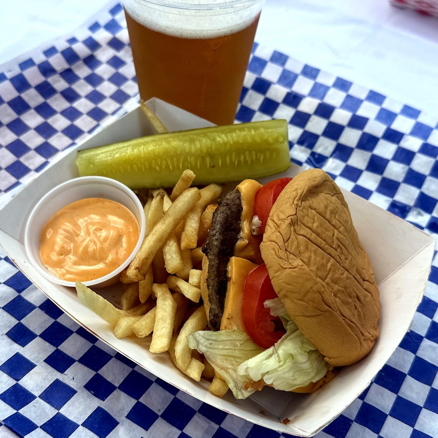 Build Your Own Burger with fries and pickle