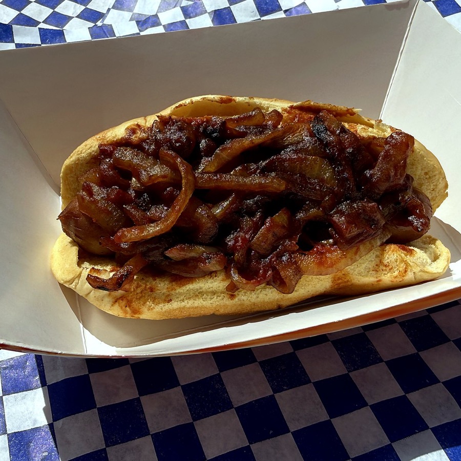 TX Sweet Heat hot dog with sautéed onions