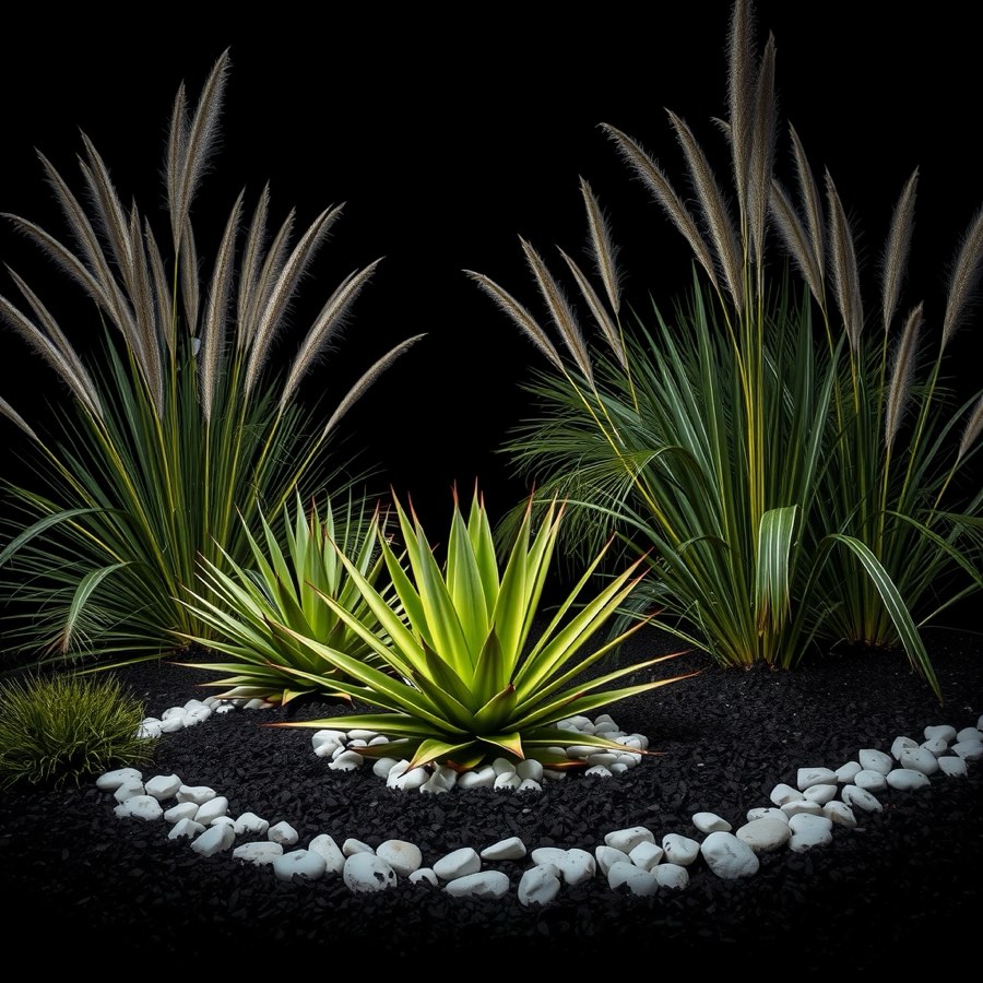 Agave and ornamental grass landscape bed