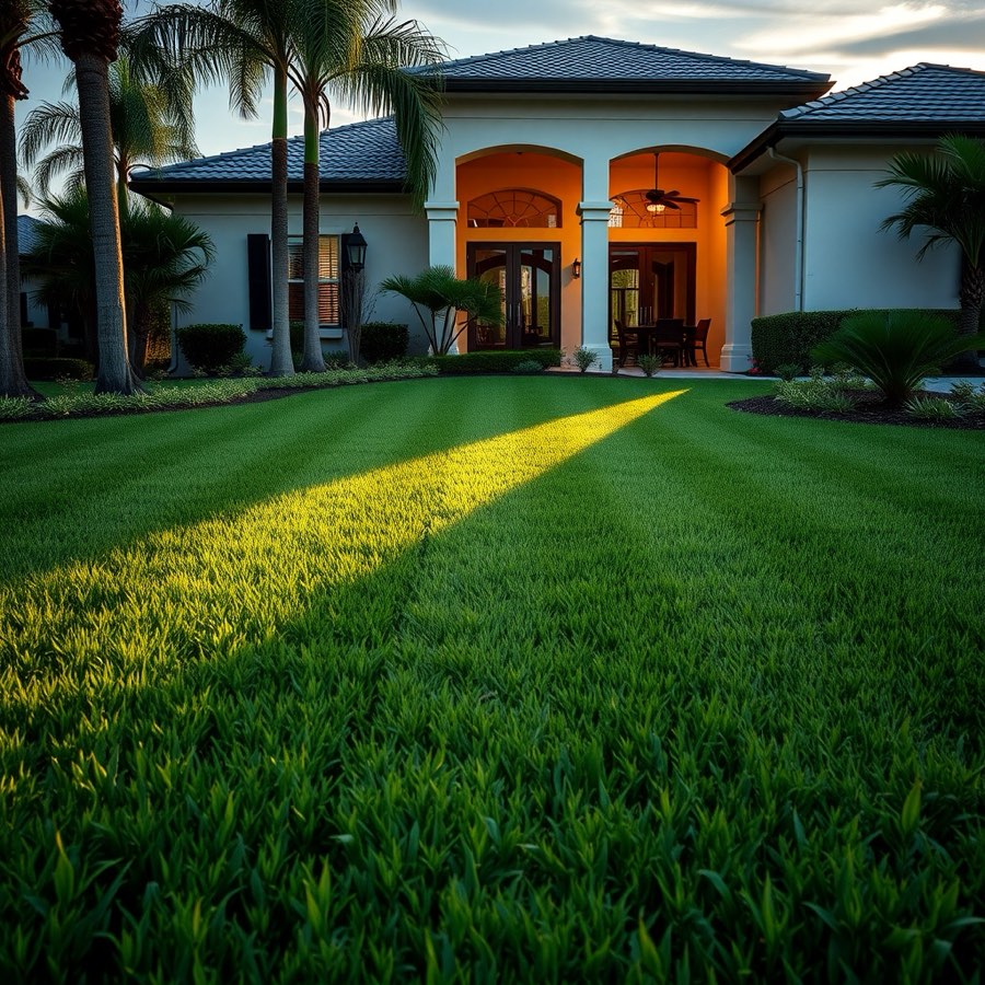 Freshly striped lawn in front of a Florida home