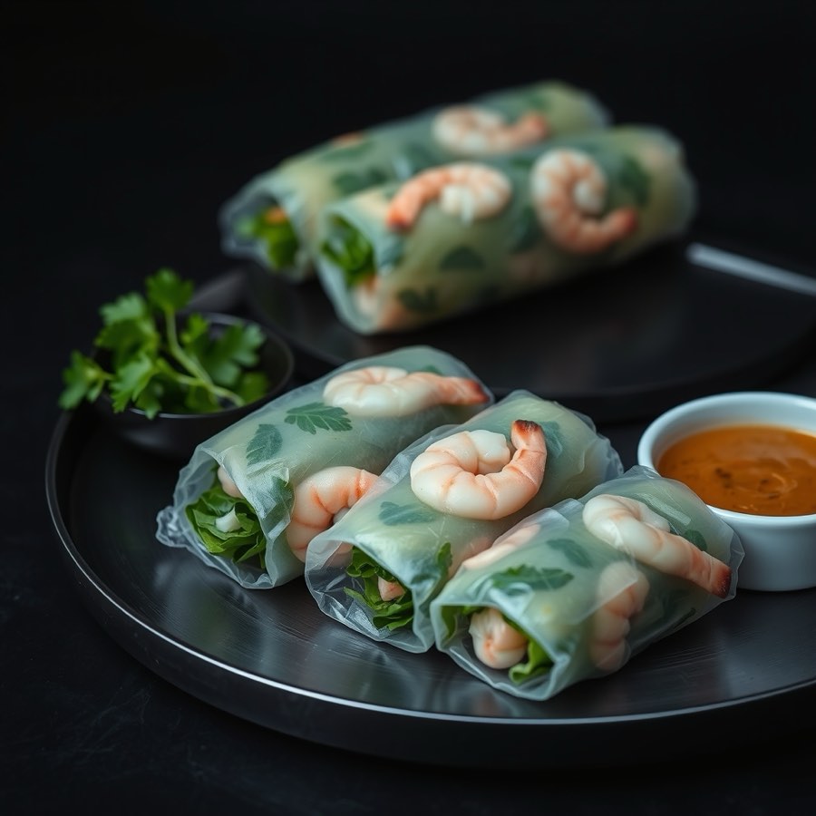 Loaded spring rolls with peanut sauce