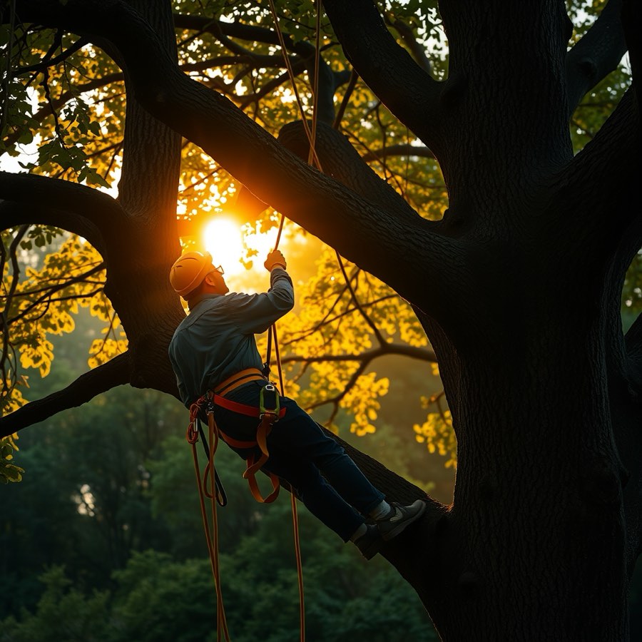 Arborist trimming a large tree at sunset