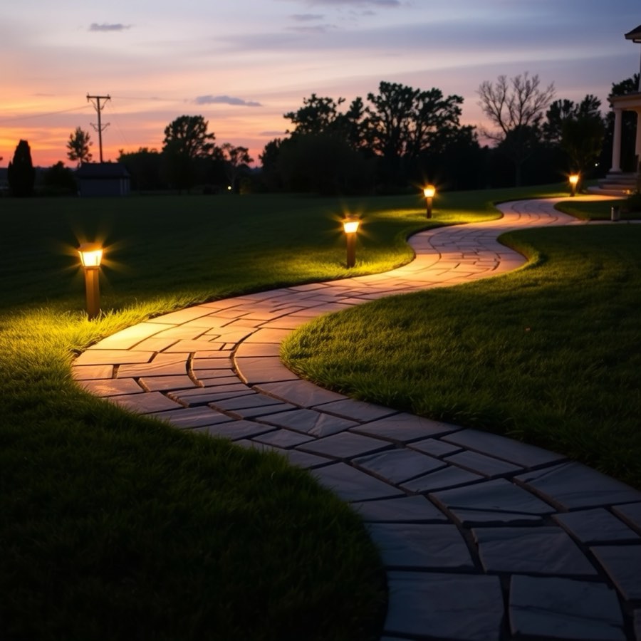 Stone walkway with landscape lighting at dusk